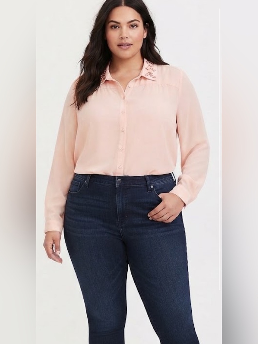 NWT Torrid Madison Peach Embellished Collar Button Down Blouse Shirt Bejeweled